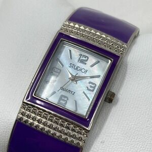 Studio Time Cuff Watch Women 22mm Silver Tone Purple MOP Dial New Battery 6.75"